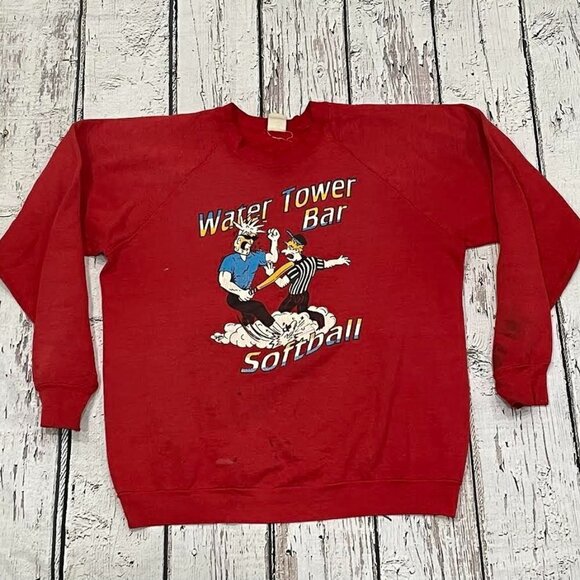 Vintage 1990s Water Tower Bar Red Softball Crewneck Sports Sweatshirt - Picture 1 of 9